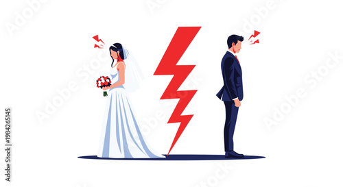 Conceptual illustration of a bride and groom standing apart with a large red lightning bolt between them symbolizing divorce or conflict.