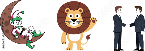 Cute Cartoon Vector Icon Set Featuring Christmas Elf Sitting on Crescent Moon, Friendly Lion Mascot Waving, and Businessmen Handshake Partnership Illustration