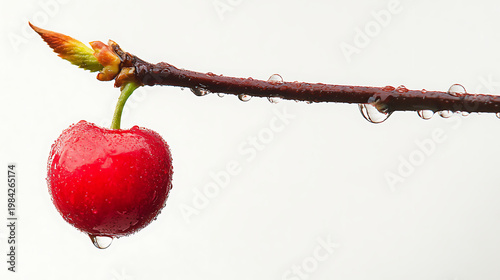 A single red cherry hangs from a wet branch with water droplets on a white background