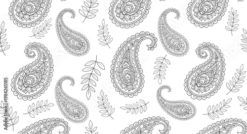 Intricate black and white paisley pattern with delicate leaf motifs and traditional swirls on a clean white background for textile prints.