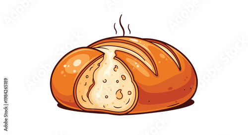 Delicious illustration of a warm golden brown bread loaf with a slice removed to show a melted cheese filling and rising steam.