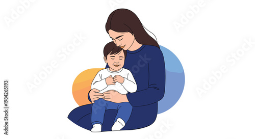 Heartwarming illustration of a mother sitting and lovingly hugging her young son against a soft multicolored circular backdrop.