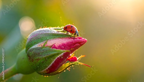 Ladybug perched on a rosebud with soft lighting. Dew drops on the petals. Close-up