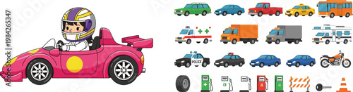 Cartoon Racing Driver in Pink Sports Car with Collection of Various Vehicles Including Taxi Truck Police Car Bus Motorcycle and Road Equipment Icons