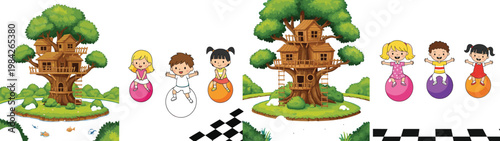 Cartoon Children Playing Near Magical Treehouse Vector Illustration Set Featuring Kids Characters and Fantasy Wooden Tree House in Nature