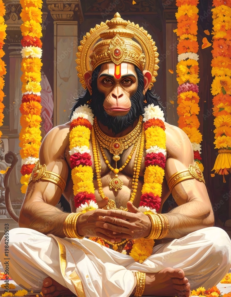 Obraz premium A monkey deity sits cross-legged with hands clasped