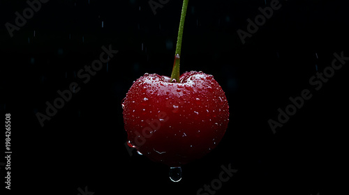 A single red cherry with water droplets on it hangs from a green stem against a dark background