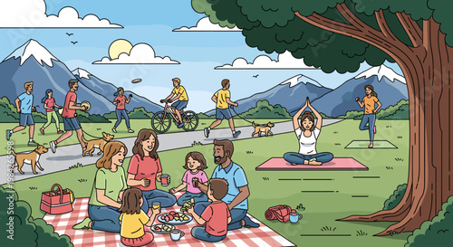 A vibrant illustration depicts a sunny day in a park with families enjoying a picnic, people cycling, jogging, and practicing yoga amidst a scenic mountain landscape.