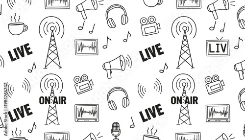 Vector illustration of seamless broadcasting pattern with radio towers, microphones, headphones, cameras, and “LIVE ON AIR” text