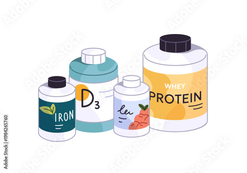 Bottles of different vitamins and supplements for healthy lifestyle. Pills of Iron, whey protein, capsules of D3. Dietary nutrition and energy food. Flat isolated vector illustration on white
