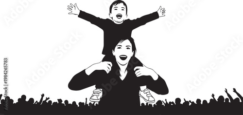 Black and white illustration of a woman with a child on her shoulders expressing joy and excitement at a concert or event
