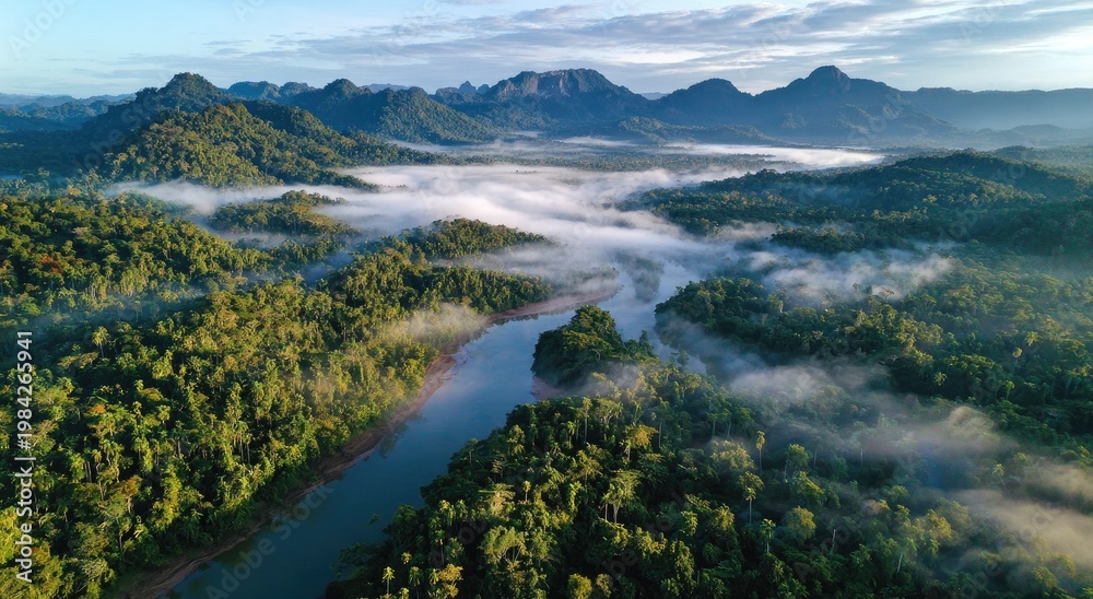 Fototapeta premium Emerald expanse, misty mountains, serene waterways, vibrant wilderness
