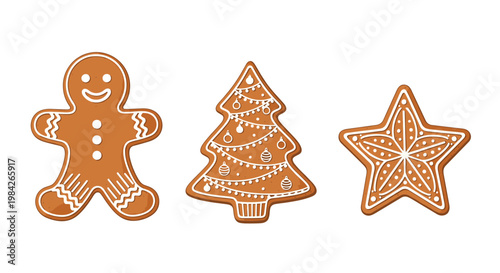 Festive collection of gingerbread cookies including a smiling man, decorated Christmas tree, and star cookie perfect for holiday baking themes.