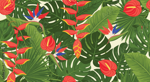 Vibrant seamless tropical pattern displays lush monstera leaves, palm fronds, and red exotic flowers creating a dense jungle atmosphere for decor.