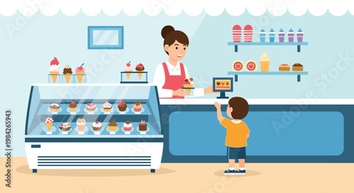 Friendly shopkeeper serves a young boy at a colorful ice cream parlor featuring a large display case filled with various frozen treats.