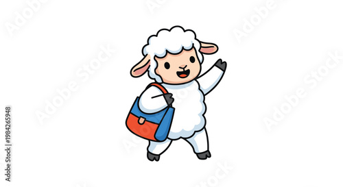 Cute cartoon sheep with a white fluffy wool coat and a colorful messenger bag waves happily while walking toward school or work.