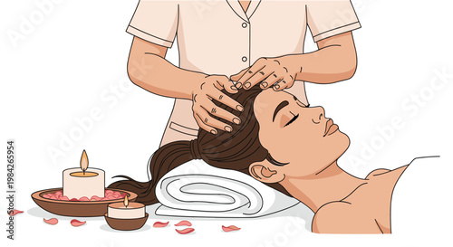 Relaxed woman receives a soothing head massage at a professional spa center with scented candles and flower petals creating a calm ambiance.