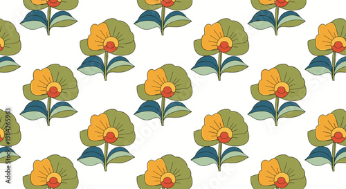 Stylized floral pattern features green and yellow blossoms with blue leaves arranged in a regular grid on a clean white background.