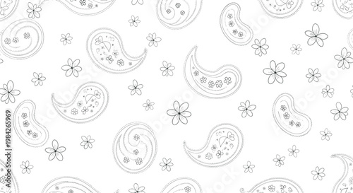 Classic black and white paisley pattern features traditional teardrop motifs and small flowers in a delicate hand-drawn sketch style.