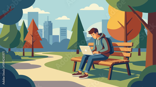 Young man working on laptop in city park vector illustration