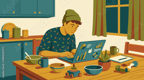 Man Working on Laptop at Kitchen Table Illustration