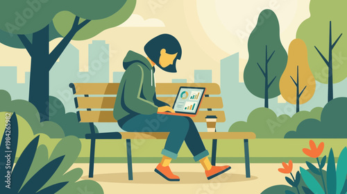 Woman analyzing data on laptop while sitting on a park bench