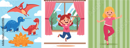 Cute Cartoon Dinosaur Characters Poster with Happy Jumping Girl by Window and Smiling Dancing Girl Kid Vector Illustration Set