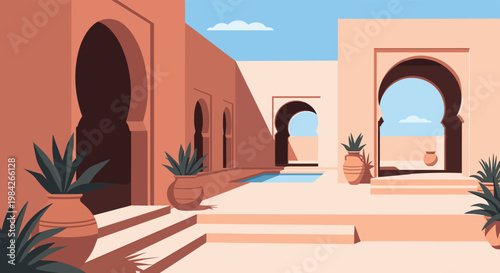 Sunny Moroccan courtyard featuring traditional terracotta architecture with arched doorways, potted plants, and a small blue pool.