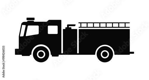 Fire Rescue Truck Silhouette Vector, Emergency Fire Engine Black Icon, Firefighter Response Vehicle Design on White Background