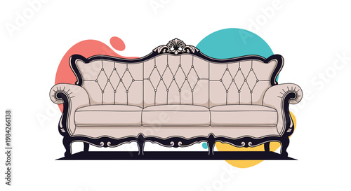 Elegant classic style sofa with ornate wooden frame and tufted upholstery against a background of colorful abstract liquid shapes.