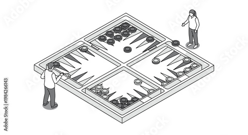 Isometric illustration of a man and a woman playing a large four player version of a backgammon style board game in black and white.