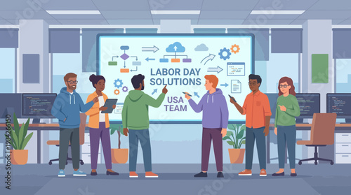 Diverse team of professionals working on Labor Day tech solutions