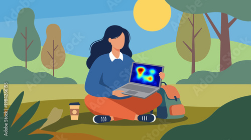 Woman working on laptop with data heatmap in a park illustration