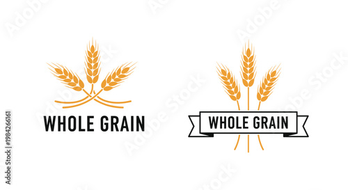 Two variants of whole grain product logos featuring golden wheat stalks and bold black text on a clean white background.
