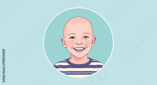 Cheerful portrait of a young child with a bald head smiling brightly in a circle frame with a light blue background.