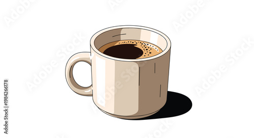 Simple illustration of a beige ceramic mug filled with dark black coffee casting a shadow on a white background.