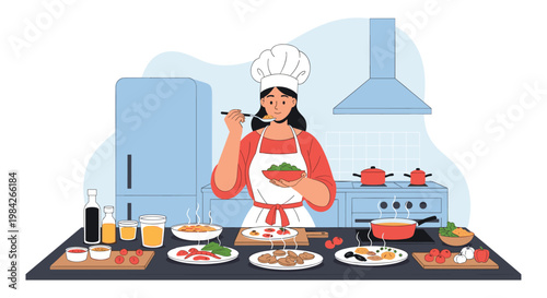 Professional female chef in white hat and apron tasting a dish in a modern blue kitchen filled with fresh ingredients and cookware.