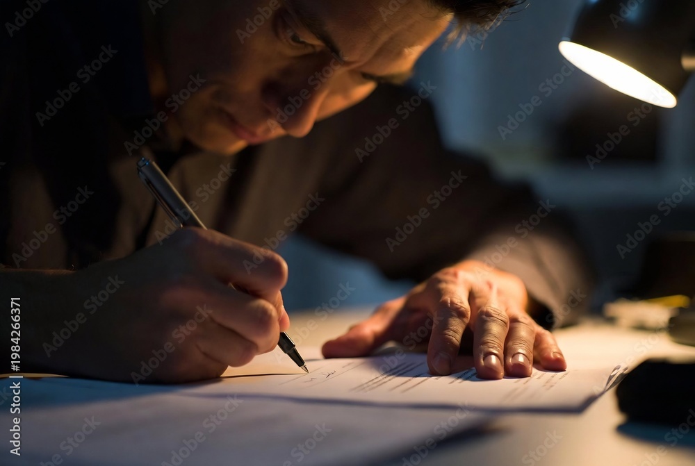 Obraz premium A man is writing at a desk under a lamp.