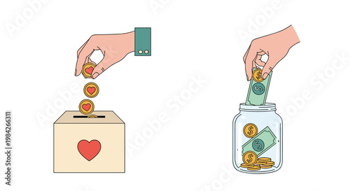 Collage showing hands donating gold coins with hearts into a charity box and saving money and bills in a glass jar for the future.