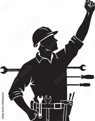 Silhouette of a male construction worker wearing a helmet with tools in a tool belt on a plain background