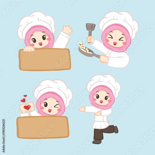 cute hijab chef with empty wooden sign pose illustration vector hand drawn