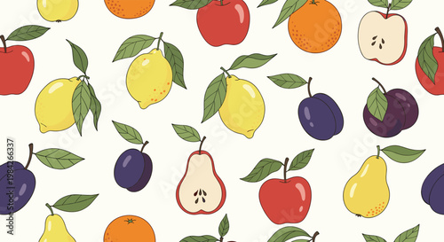 Vibrant seamless pattern featuring a diverse collection of hand drawn fruits like apples, pears, oranges, and plums on a light background.