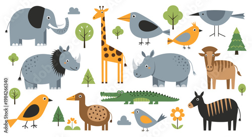 Wide collection of cute stylized cartoon animals from the African savannah including an elephant, giraffe, zebra, and rhino on white.