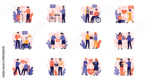 Set of illustrations showing various acts of kindness and charity such as helping the elderly, feeding the hungry, and donating goods.