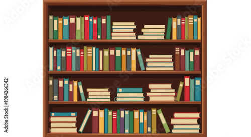 Large wooden bookshelf filled with a wide variety of colorful books arranged in different orientations to create a home library scene.