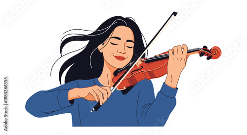 Talented young woman with flowing black hair playing a violin with a peaceful and happy expression while her eyes are gently closed.