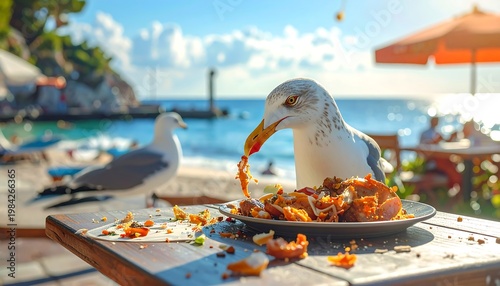 Bold seagull steals food from a table near a sunny ocean shore scene