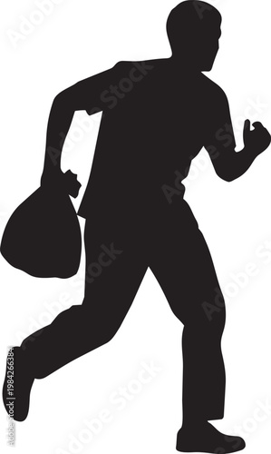 Silhouette of a person running with a bag in hand, depicted in black on a plain