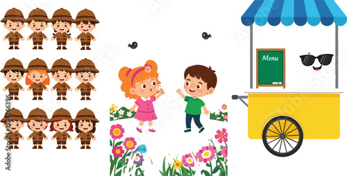Cartoon Kids Explorer Characters Set with Safari Outfit, Cute Children Playing in Flower Garden, and Street Food Cart with Menu Vector Illustration