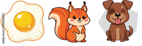 Cute Cartoon Fried Egg Food Illustration with Adorable Squirrel and Happy Dog Animal Characters Vector Clipart Set